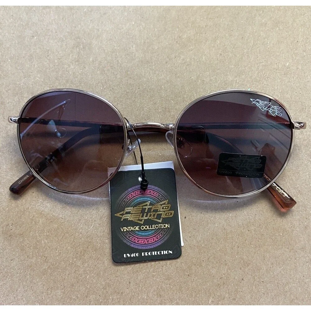 NWT Retro Rewind Round Metal Sunglasses Womens Gold Brown Lens